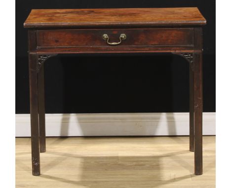 A George III mahogany side table, drawer to frieze, pierced Gothic Chippendale spandrels, 71.5cm high, 81cm wide, 46cm deep, 