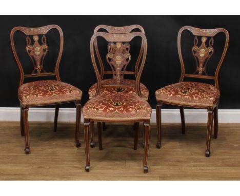 A set of four late Victorian/Edwardian mahogany, rosewood and ivorine marquetry dining chairs, by James Shoolbred and Company