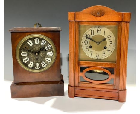 A wooden mantel clock, 37cm high; another, mahogany, converted to battery, 28cm high (2) 