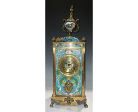 A Chinese lacquered brass cloisonné mantel clock, the rectangular side panels painted with Hindu deities,  brass dial with Ro