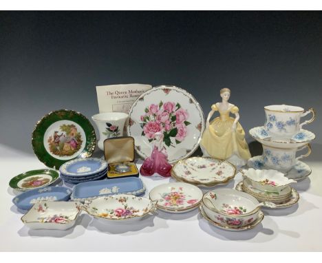 A Coalport figure, Emily; another smaller, In Love; a pair of Royal Crown Derby Royal Antoinette pattern saucers, Posies patt