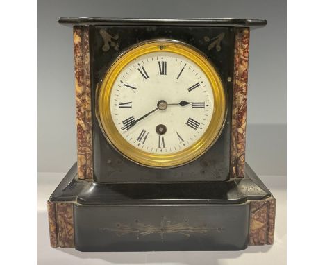 A French slate mantel clock, white enamel dial, Roman numerals, single winding hole, inlaid with marble, 20cm, c.1900 