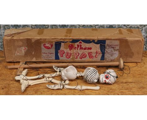 A Pelham Puppets Disjointed Skeleton standard puppet, painted white and picked out in black, fixed ball eyes outlined in red,