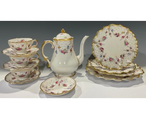 A Royal Crown Derby Royal Royal Antoinette pattern coffee pot, three teacups and saucers, pair of side plates, dessert plate,