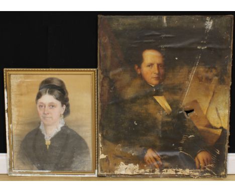 English School (19th century) Portrait of a Musician or Composer, seated with manuscript sheet music and the frontispiece Com