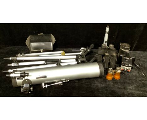 A telescope with tripod stand; a pair of brass binoculars, brown leather mock crocodile case; a spotting scope; a Polaroid ca