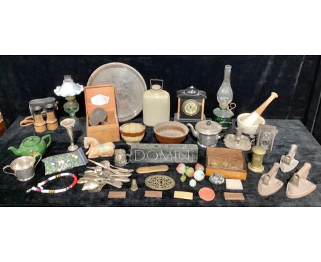 Boxes and Objects - a pair of Lumiere, Paris field glasses, cased; a Belge Noir mantel clock, a/f; a pestle and mortar; brass