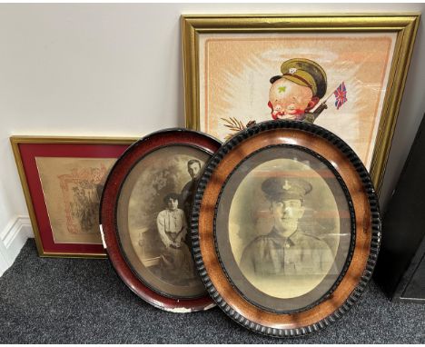 WW1 British Oval Framed Portrait Photographs x2 one Green Howards size 64cm x 54cm, Framed Honourable Discharge Citation to 4