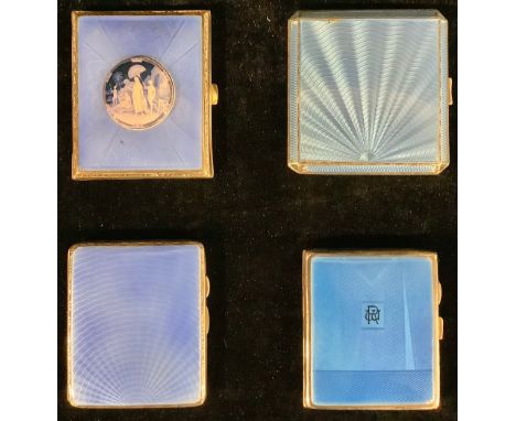 A George V/VI silver cigarette case, applied with blue engine turned enamel in sunburst motif, 8.5cm, Birmingham 1937, 125g; 