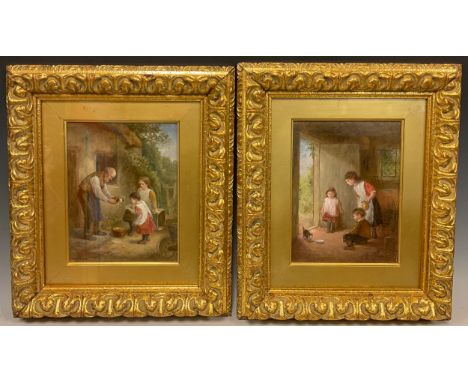 J. K. Makin (British, active 1882-1906)A pair, The New Pet, and A Stray Kitten,signed, oils on board, 21cm x 16cm (2) 