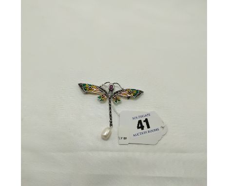 SILVER &amp; ENAMEL DRAGONFLY BROOCH