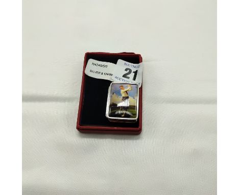 SILVER &amp; ENAMEL GOLF STAMP BOX - 30 X 25 MM