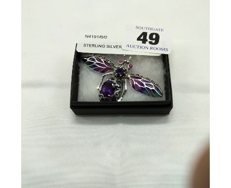 STERLING SILVER BEJEWELLED AMETHYST &amp; RUBY BROOCH