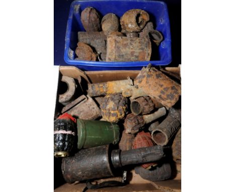 Large quantity of grenades including Mills, German stick grenades and the British Battye grenade 