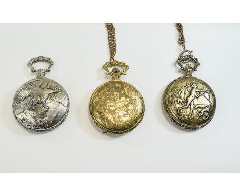 3 Decorative Hunter Pocket Watches One Gilt Metal Floral Design, One Eagle, One Contima Hunting Scene Quartz, AF













