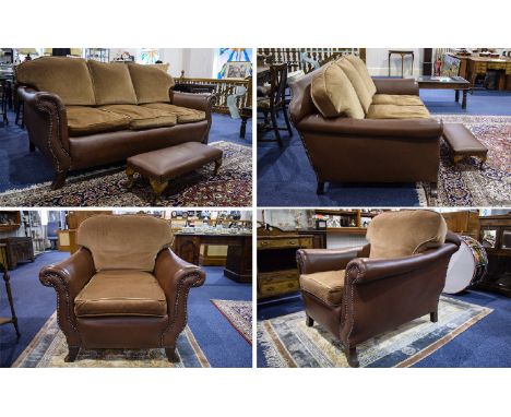 A Very Fine Quality Late Victorian 3 Piece Tan Hide Leather Suite. This Suite as Been Recently Re-Upholster In a Sympathetic 