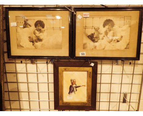 Two vintage photographs framed and glazed of small girl and an antique hand painted framed tile