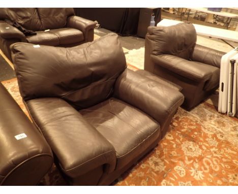 Brown leather three piece suite and pouffe