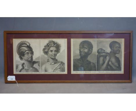 Two 18th/19th century engravings titled 'Sandwich Islands portrait of man and young woman', and 'Van Diemens land portrait of