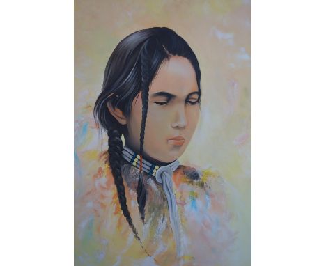 Contemporary school, a portrait of a Native American girl, oil on canvas, monogrammed and dated '09 to lower right, 91 x 61cm