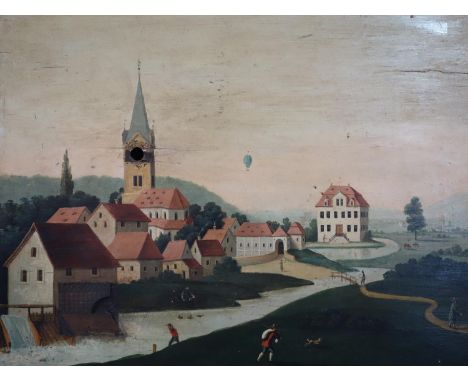 An 18th / 19th century Dutch automaton oil on panel of a town, missing automaton, to include slot for clock, watermill and ma