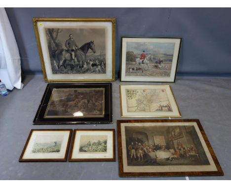 A collection of 6 antique hunting prints together with a reproduction map 