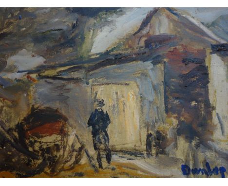 Ronald Ossory Dunlop RA (1894-1974), sketch of a figure by the side of outbuildings, oil on canvas, signed lower right, 19.5 
