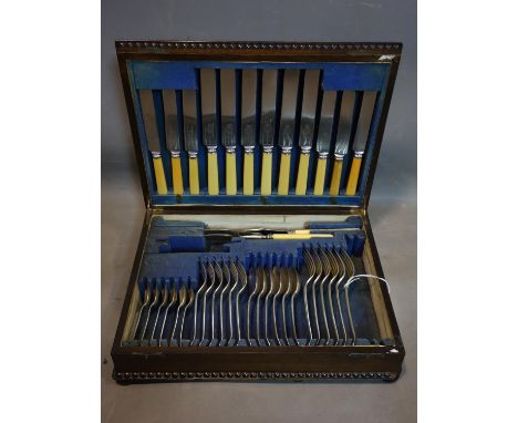 A vintage silver plated canteen of cutlery by Viner &amp; Hall Sheffield, in oak case, incomplete 