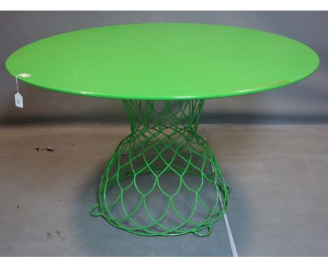 A vintage green metal garden dining table, H.73 D.130cm 