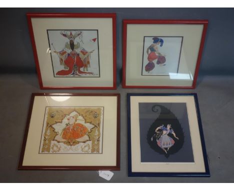 Four framed vintage costume design prints. Largest H.28 W.20cm 