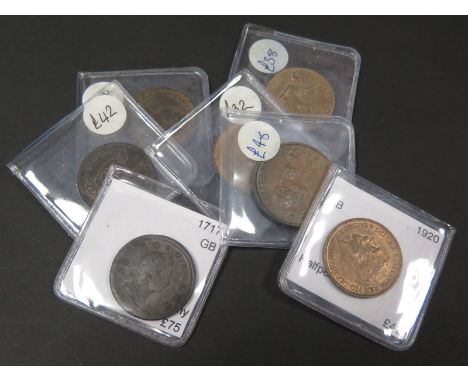 GB Halfpennies (7): 1717, 1853, 1860 beaded, 1893, 1900, 1901, 1920, GF to AU, dealer's ex stock, total ticket £335