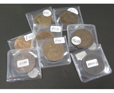 GB Pennies (8): 1799, 1831, 1865, 1875H, 1899, 1901 and 1950 x2, GF to AU, dealer's ex stock, total ticket £328