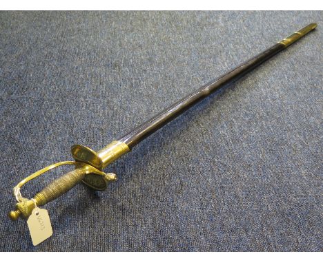 Sword: A modern copy of a 1796 Pattern Infantry Officers sword in its brass mounted leather scabbard. Blade 31.5" with G.R. c