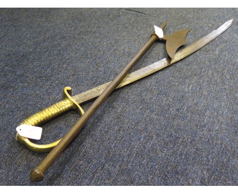 Indian mid 19th century all steel battle axe, with a brass hilted Indian cutlass/sidearm (no scabbard) (2)