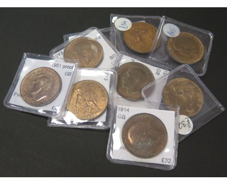 GB Pennies (9): 1900, 1912, 1913, 1914, 1918, 1921, 1930, 1931, 1951 proof, EF to AU, dealer's ex stock, total ticket £335