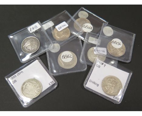 GB Shillings (8): 1820, 1888, 1889 small hd, 1898, 1899, 1911, 1927 and 1934, VG to AU, dealer's ex stock, total ticket £342