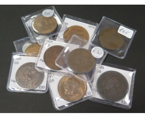 GB Pennies (9): 1826, 1911, 1918, 1919, 1926, 1928, 1930, 1950 and 1951, GF to GEF, dealer's ex stock, total ticket £304