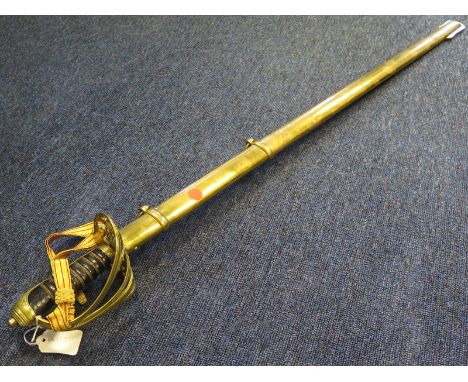 Sword: A modern copy of an 1845/1854 Pattern Infantry Officers sword. Good condition in its brass scabbard.