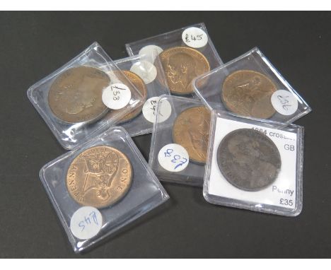 GB Pennies (7): 1858, 1864 crosslet, 1911, 1914, 1918 and 1930 x2, VG to GEF, dealer's ex stock, total ticket £282