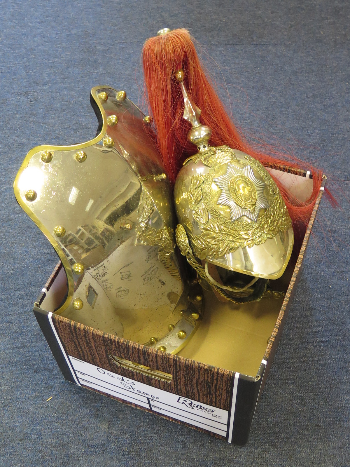 Royal Horse Guards parade helmet and breastplate, with liner, chin strap and red plume. Made by F