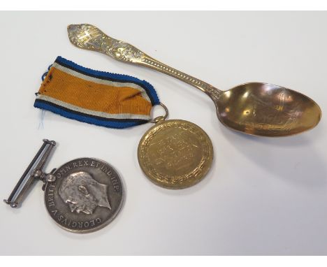 Boer War Commemorative brass Spoon, with a WW1 BWM to 2413 Pte G Flack Essex R, and Victory Medal to S4/143935 Pte F A Jones 