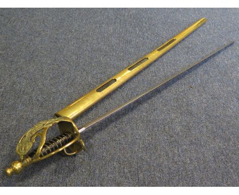 Sword: A modern copy of a Prussian regulation model 1733 cavalry Pallasch. Good condition overall in its brass mounted leathe