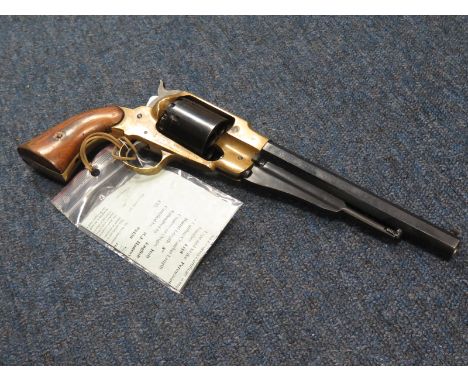 Revolver: A Uberti modern copy of the Remington .44 cal New Model Army percussion revolver. Brass frame, blued barrel (7.75) 