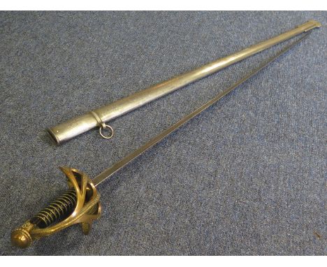 Sword: A French Model 1896 Cavalry officers sword in its steel scabbard. Top of blade marked 'Sword Officer de Cavalrie m:189