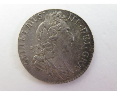 Sixpence 1697, 3rd bust, late harp, large crowns, S.3538, toned GEF, light scratch obv.