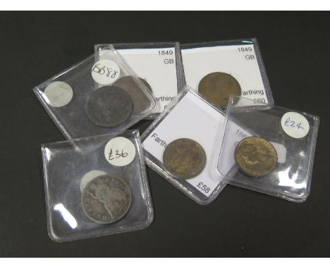 GB Farthings (6): 1675, 1719, 1849 x2, 1869 and 1886, nF to aEF, dealer's ex stock, total ticket £266