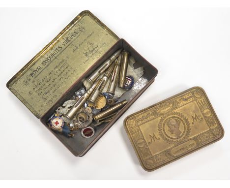 WW1 Princess Mary Tin plus another old tin of various Army badges, etc (qty)