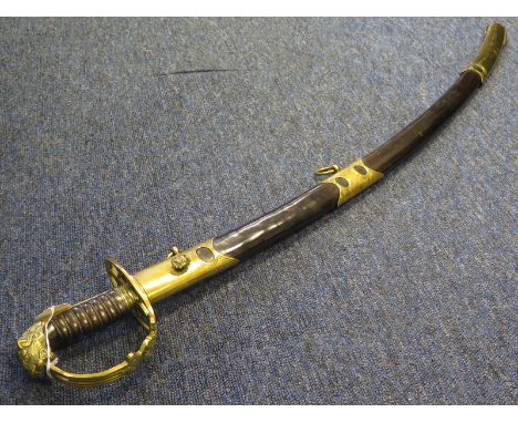 Sword: A modern copy of an 1803 Pattern Infantry Officers sword in its brass mounted leather scabbard. Good condition overall