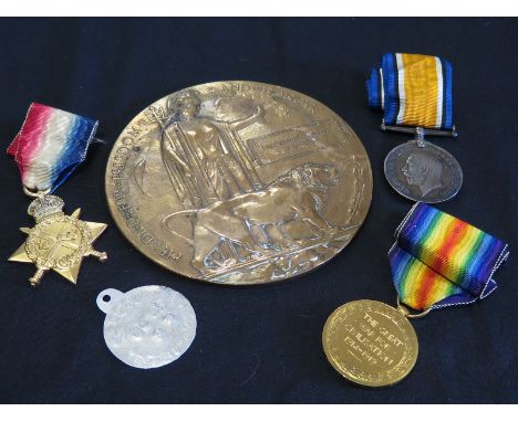 1915 trio and memorial plaque ID tag etc to 1806 Pte Frederick Norton Seaborne 3rd bn London Reg k in A 10-3-1915 (see family