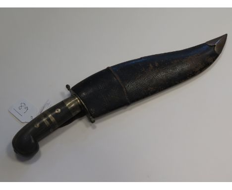 Knife: An interesting Bowie knife made in India during the late 19th century. Stepped blade with clipped back tip. Blade 11".